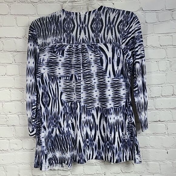 Chico's Navy Tie Dye Shimmer Linen Open Front Cardigan Lightweight Knit Sweater - Picture 4 of 9